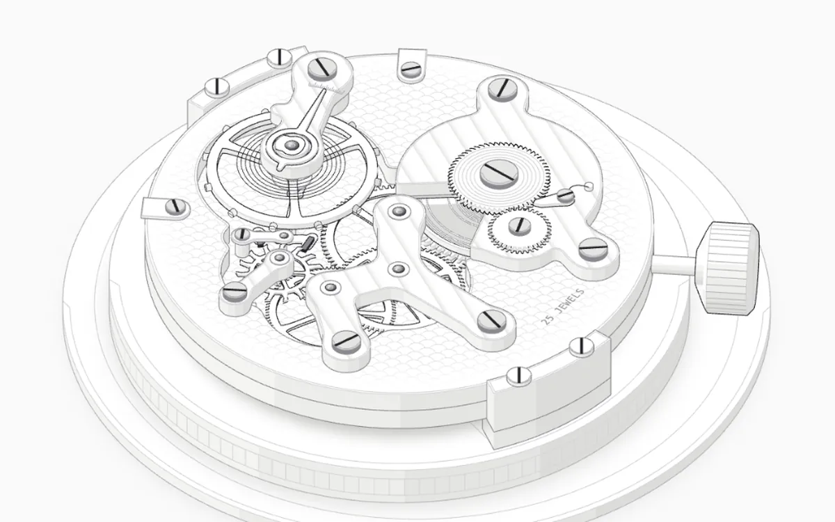 A watch movement drawn with Anatomy, in isometric and light tones.