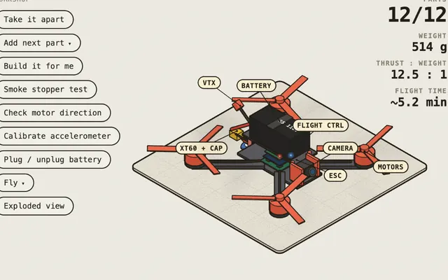 A 5-inch drone assembled on the bench, with the battery, flight controller, ESCs and motors labeled.