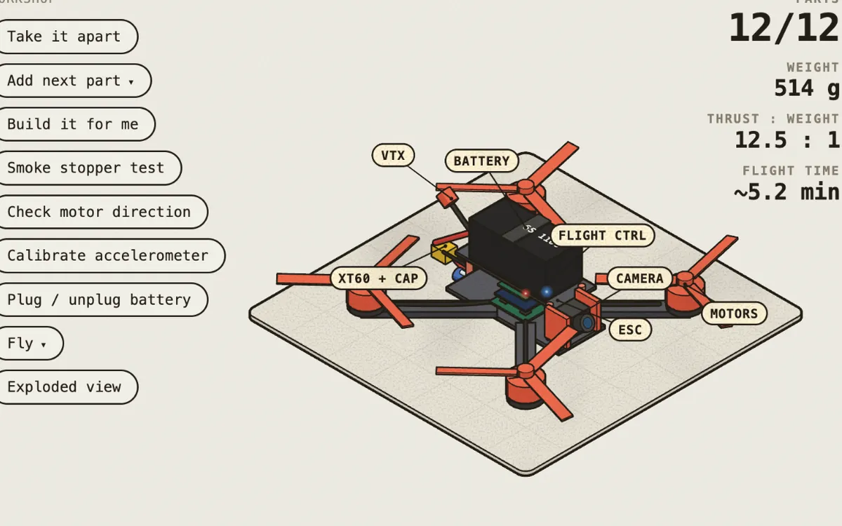 Um drone de 5 polegadas montado na bancada, com a bateria, o controlador de voo, os ESC e os motores indicados.