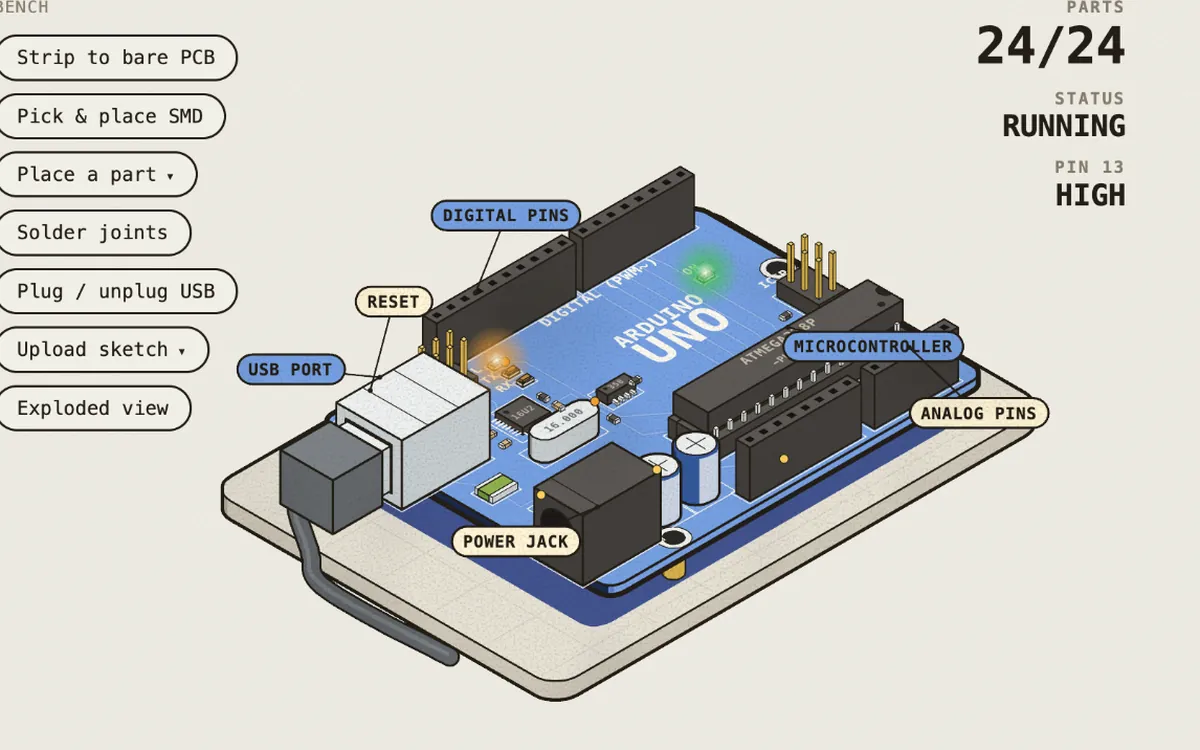 An Arduino Uno R3 assembled on the bench, with the USB port, reset and pins labeled.