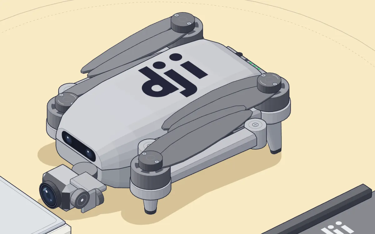 Um drone DJI Mini dobrado, desenhado em isométrico ao lado do controle.
