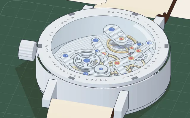 A mechanical watch without its back: the balance wheel, the bridges and the gear train in view.