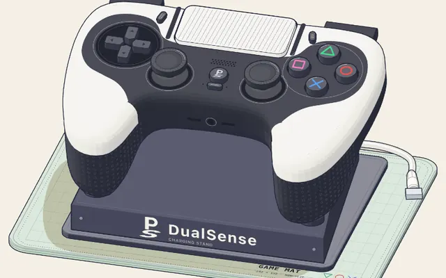 Un control de PlayStation sobre su base de carga, dibujado en isométrico.