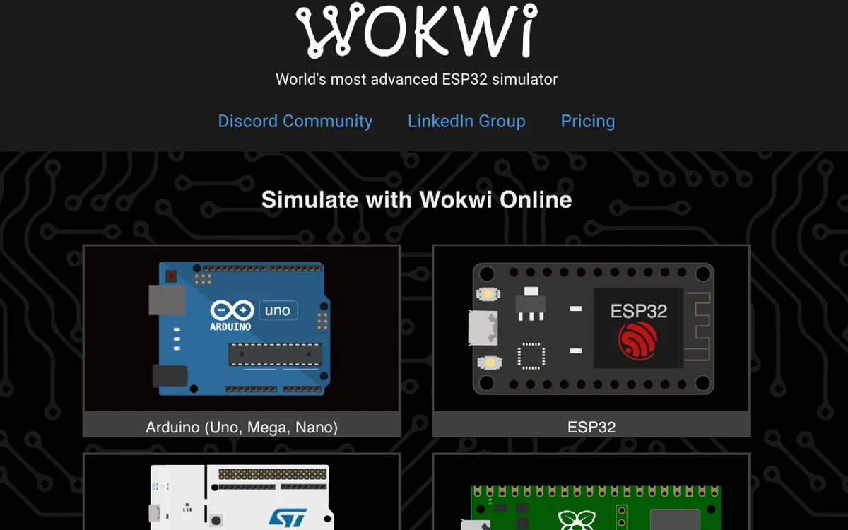 The Wokwi home page with an Arduino Uno and an ESP32 to simulate.
